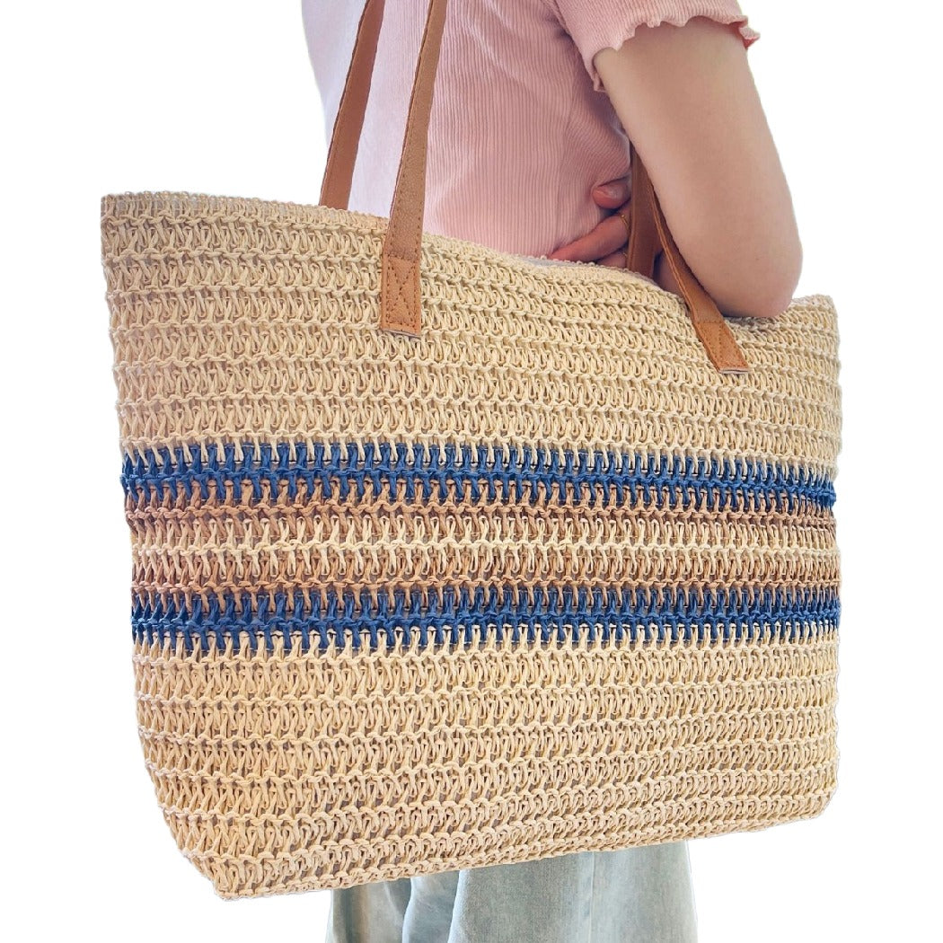 Cosbai - Colorblock Striped Crochet Tote Bag - Large & Classic