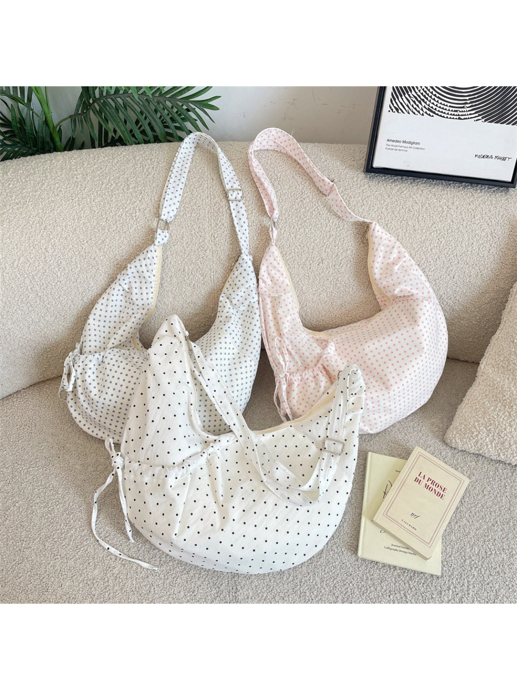 Cosbai Polka Dot Crescent Shoulder Bag front view with black and white pattern
