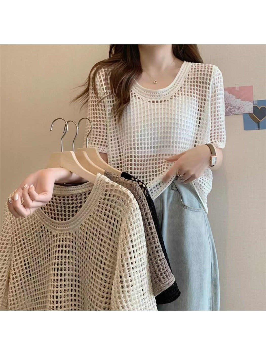 Crosa - Round Neck Hollow Out Knit Pullover Top