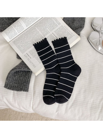 Rufia - Ruffle Trim Striped Crew Socks