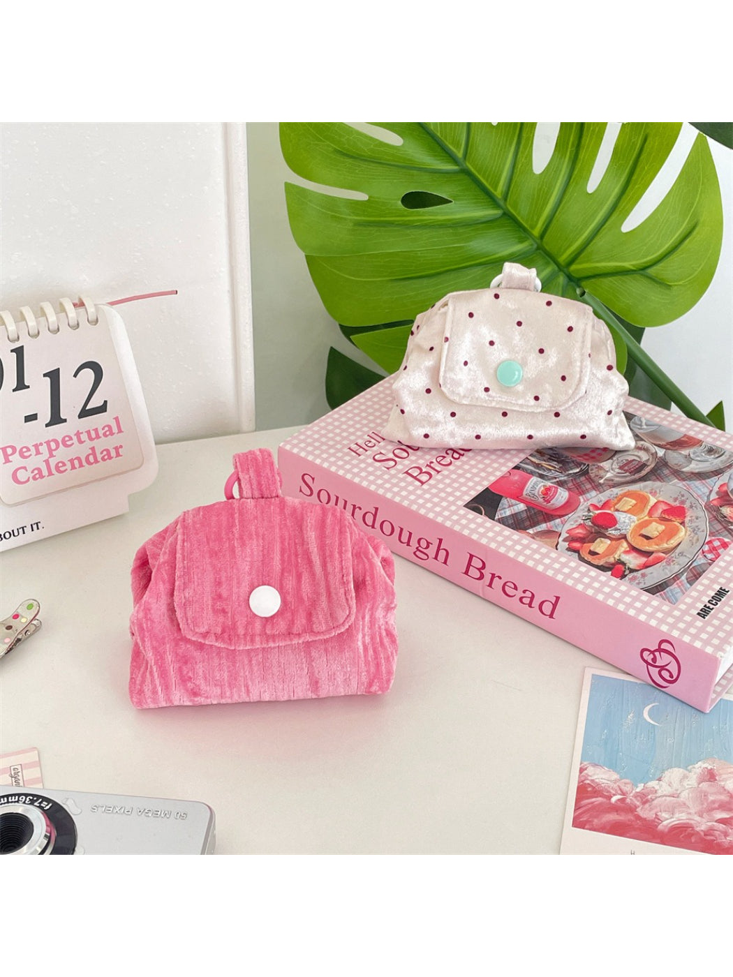 Cosbai Soft Dot Button Coin Purse in beige with button closure and dotted texture