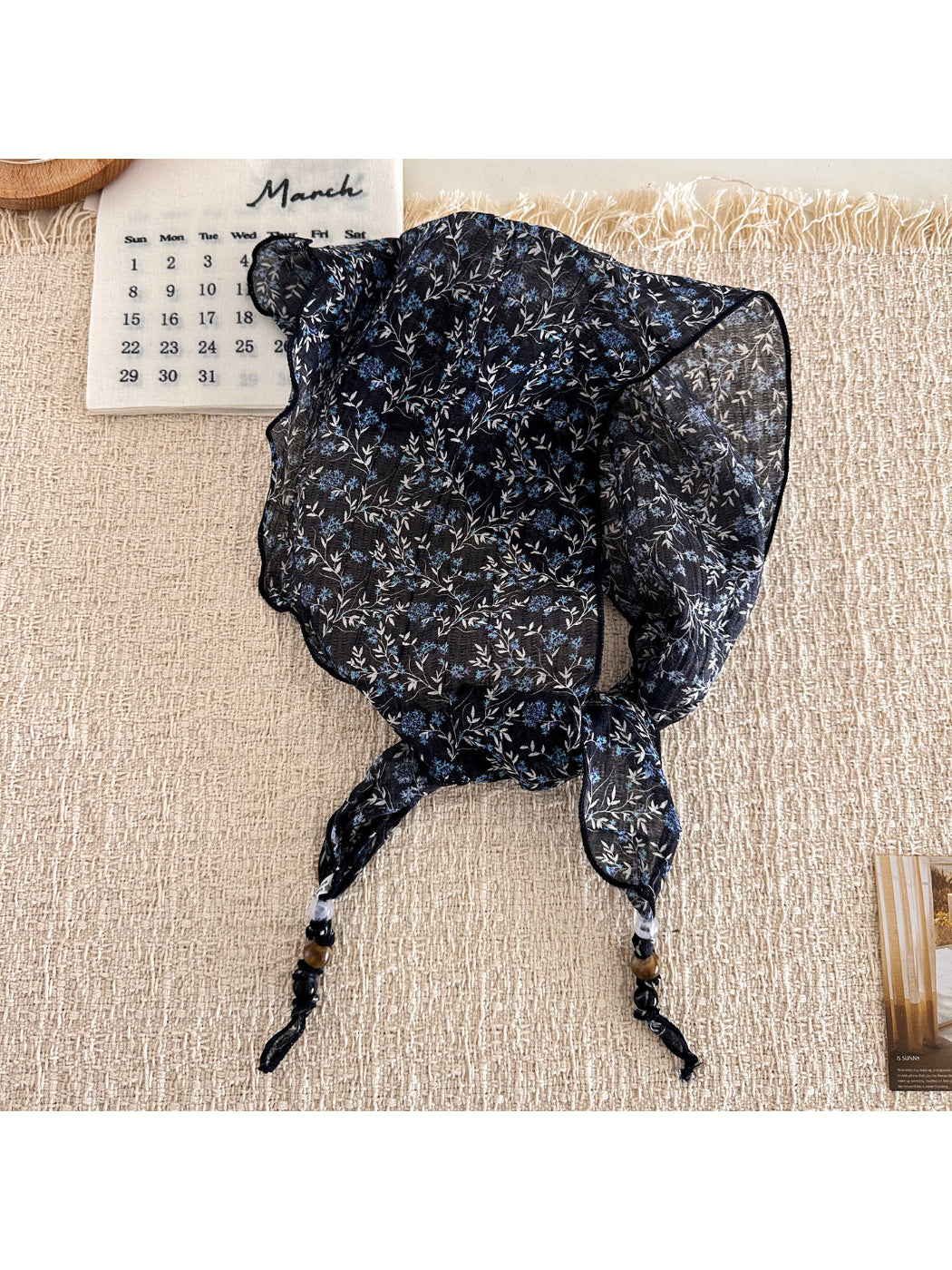 Scarvii - Floral Print Beaded Tie Scarf