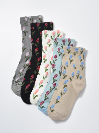 Rufia - Embossed Tulip Pattern Mid-Calf Socks