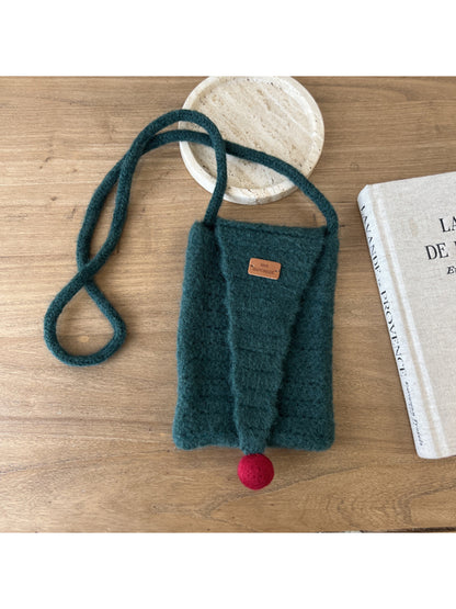 Cosbai - Pointed Flap Knit Crossbody Bag with Pom Pom