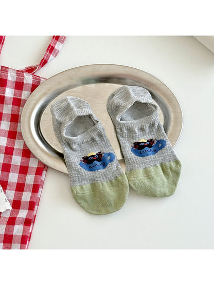 Rufia - Playful Cat Motif Color Block No-Show Socks