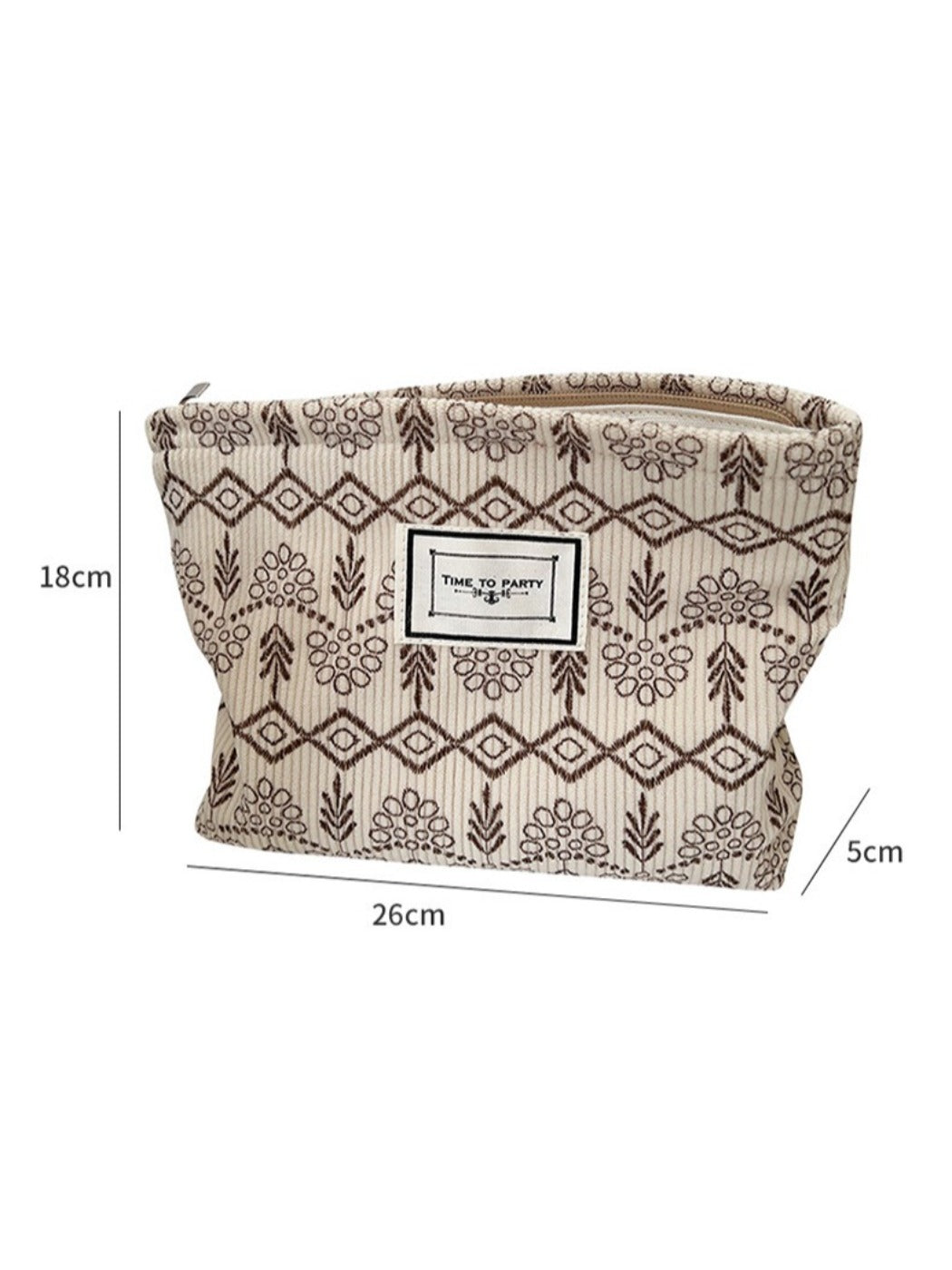 Cosbai - Fabric Geometric & Floral Print Pouch Bag with Zipper