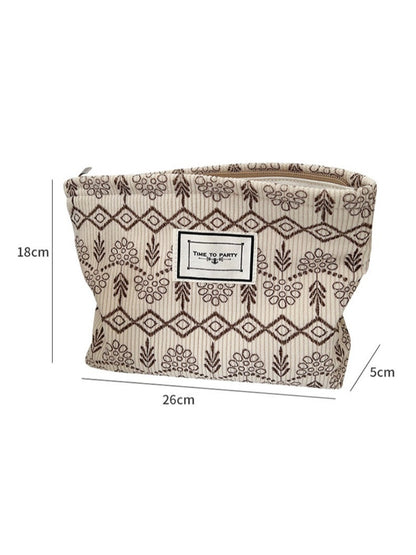 Cosbai - Fabric Geometric & Floral Print Pouch Bag with Zipper