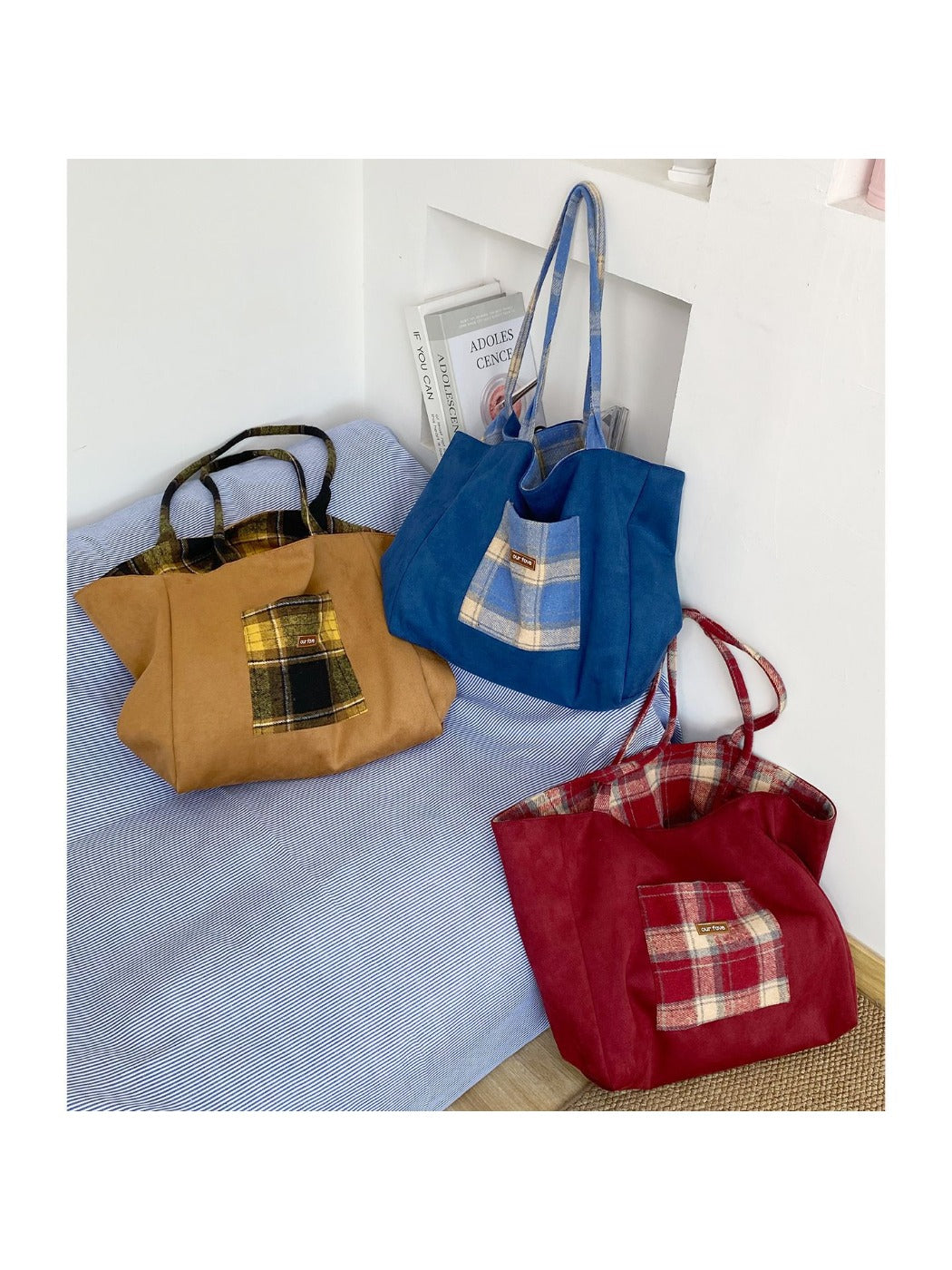 Cosbai – Dual-Side Tote Bag with Plaid Pattern