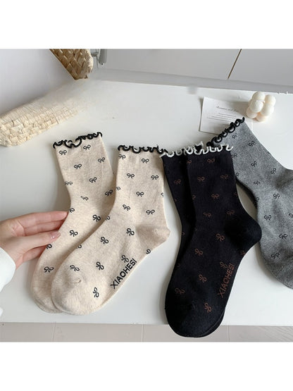 Rufia - Women's Rolled Cuff Socks with Bow & Floral Pattern