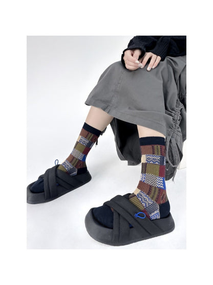 Rufia - Retro Plaid Colorblock Crew Socks