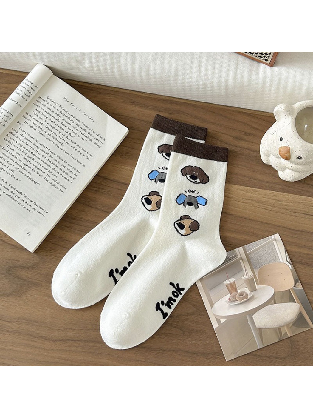 Rufia - Brown Puppy Print Crew Socks