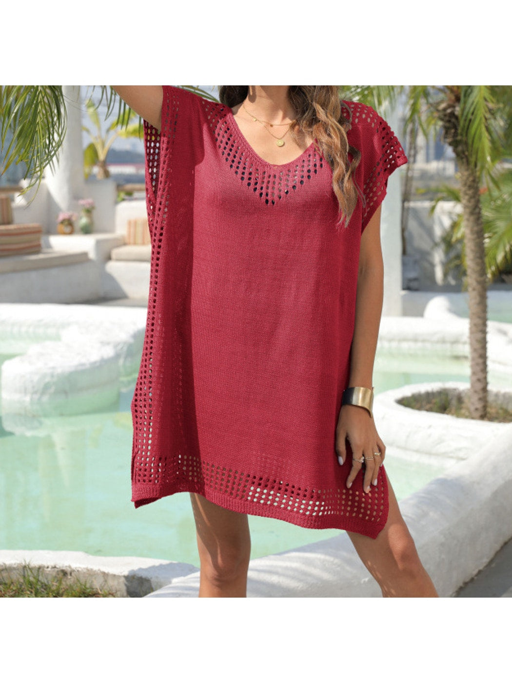 Crosa - Loose Fit V Neck Pullover Hollow Out Dress