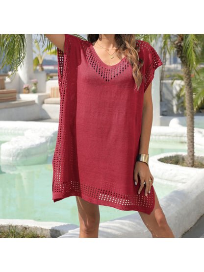 Crosa - Loose Fit V Neck Pullover Hollow Out Dress
