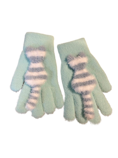 Gloving - Cozy Cat Striped Knit Gloves for Women