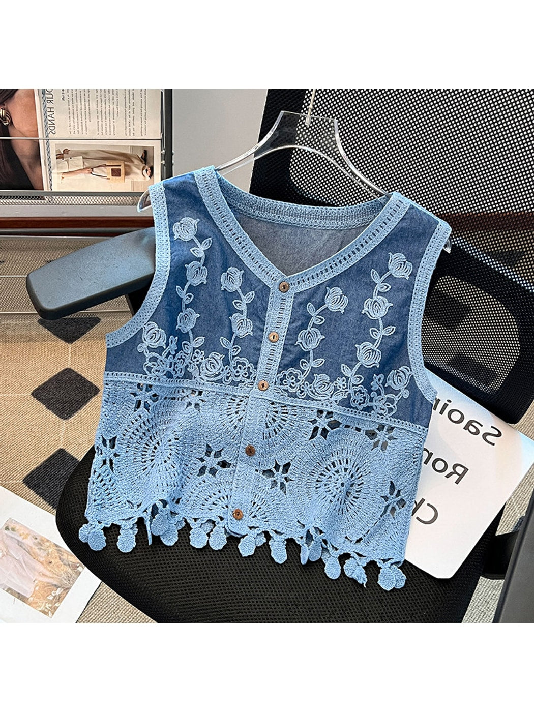 Crosa - Boho Tassel Crochet Floral Embroidered Vest