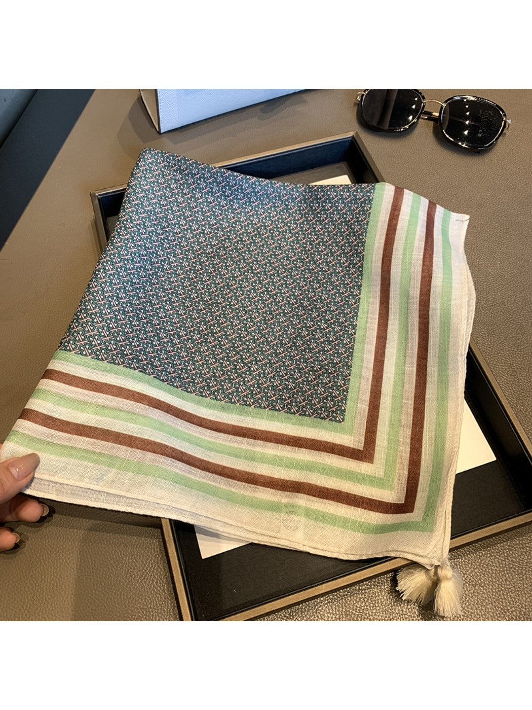 Scarvii - Multi-Tone Stripe Border Tassel Square Scarf
