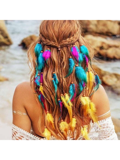 Boho vibrant feather hair headpiece with colorful feathers arranged in a decorative style