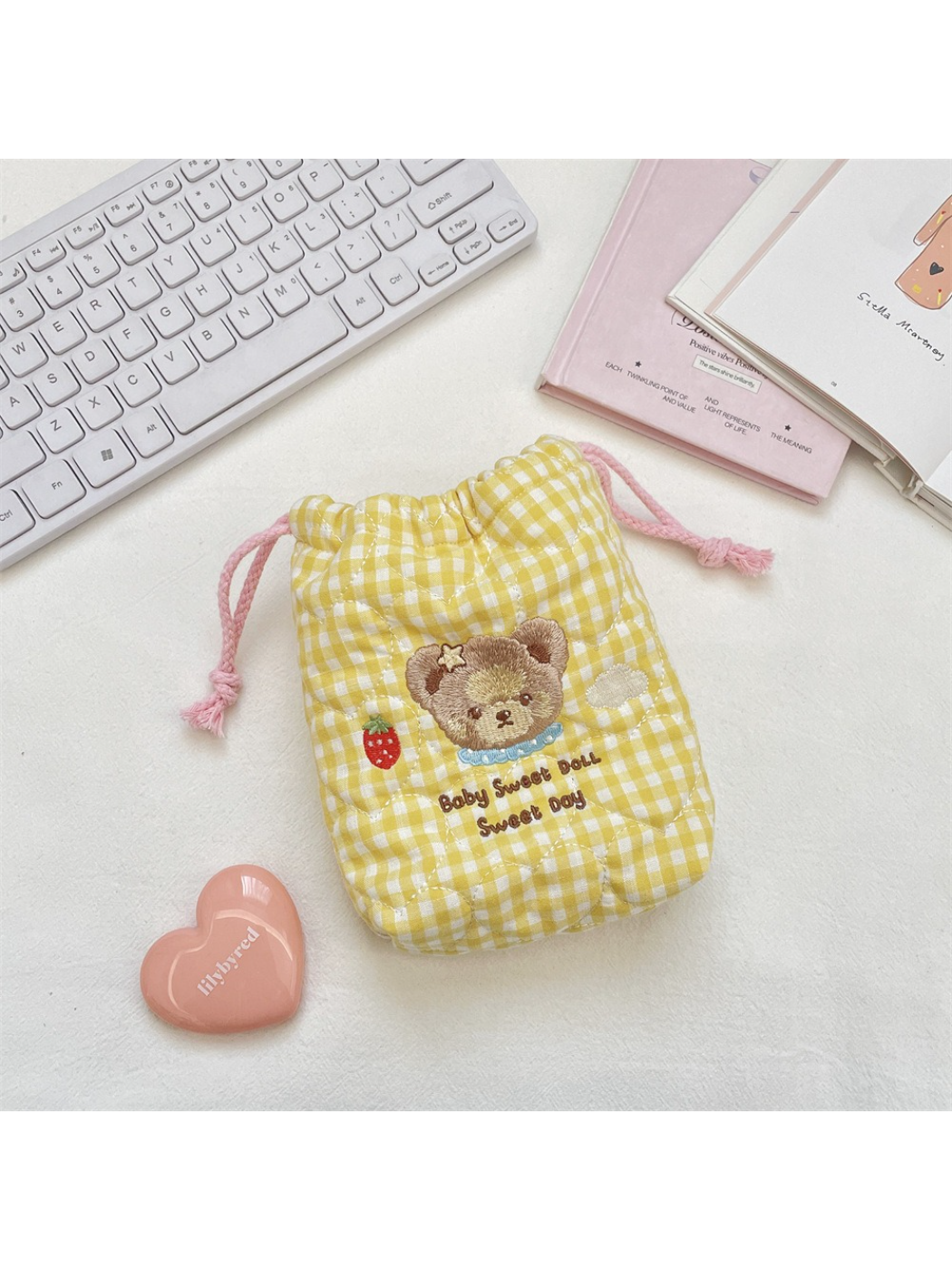 Cosbai - Gingham Bear Drawstring Pouch