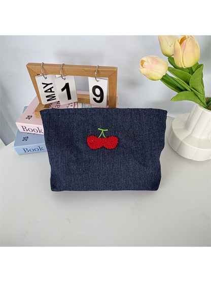 Cosbai – Denim Cherry Embroidered Mini Makeup Bag