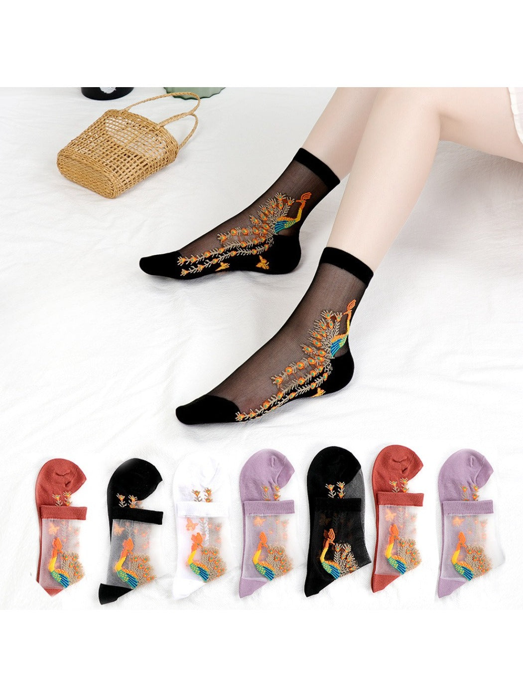 Rufia - Sheer Peacock Embroidery Socks