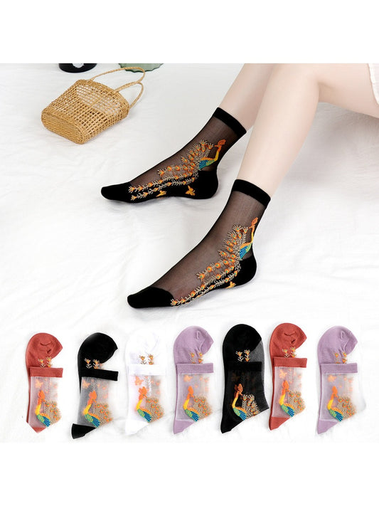 Rufia - Sheer Peacock Embroidery Socks