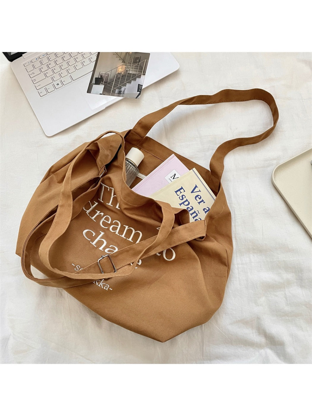 Cosbai - Korean Letter Canvas Tote Bag for Women
