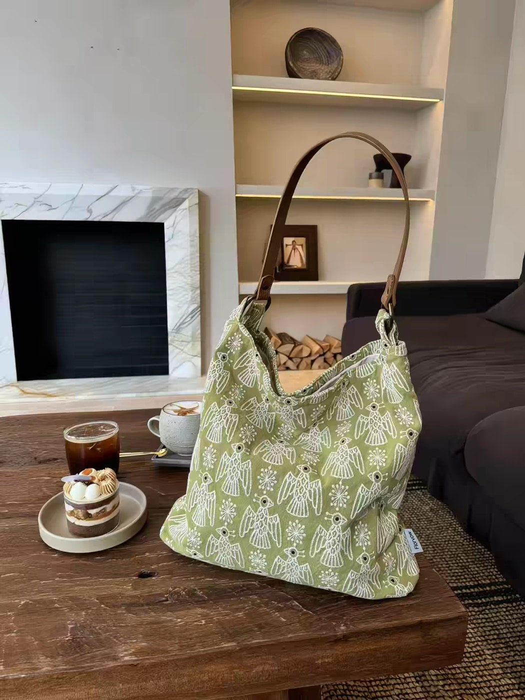Cosbai - Bird Motif Embroidered Retro Tote Bag