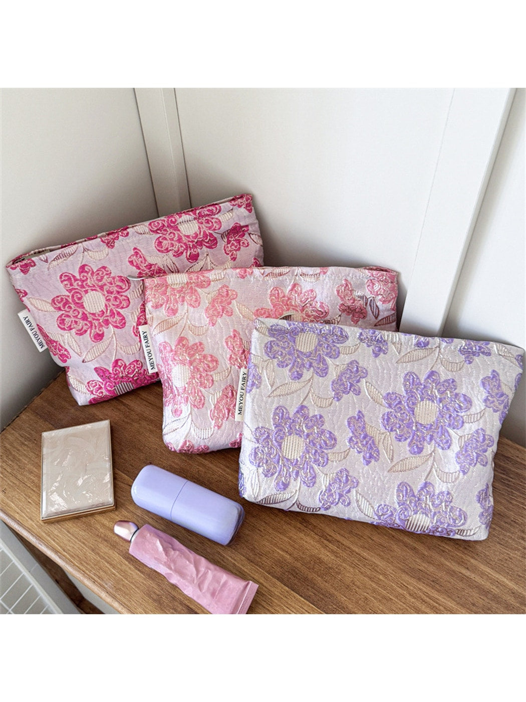 Cosbai - Raised Floral Zipper Makeup Bag