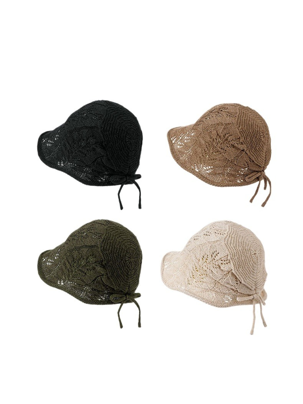 Haila open knit hat in beige with tie back detail, front view