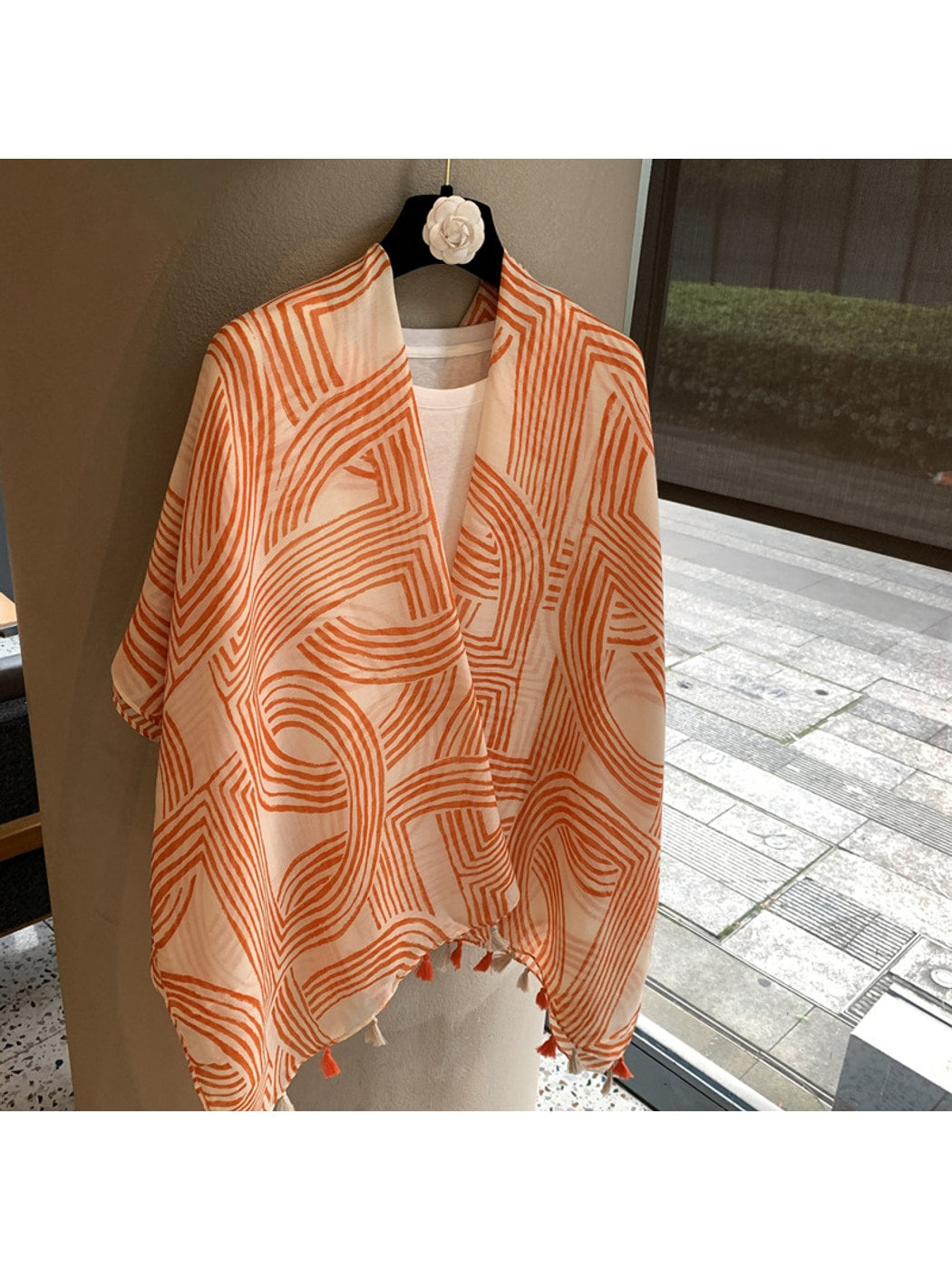 Scarvii - Geometric Pattern Tassel Trim Long Scarf