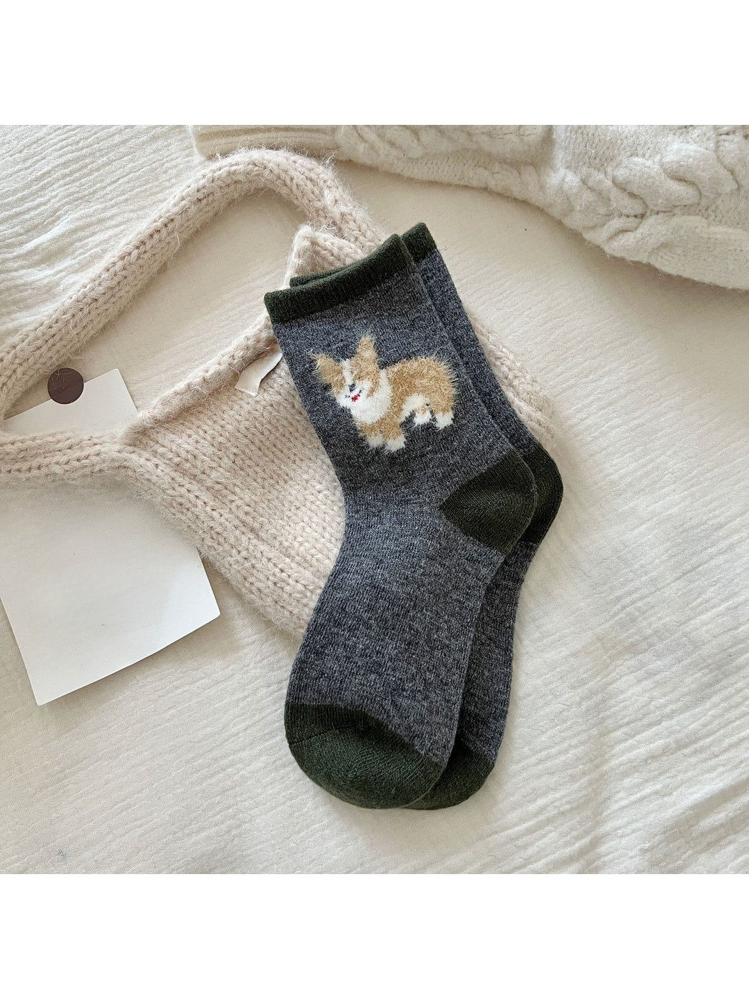 Rufia - Playful Dog Motif Colorblock Crew Socks