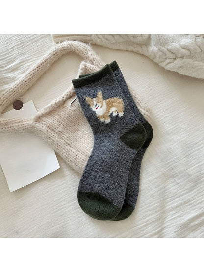 Rufia - Playful Dog Motif Colorblock Crew Socks