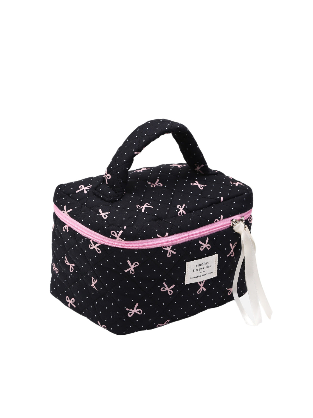 Cosbai - Quilted Cosmetic Bag with Bow Pattern and Handle