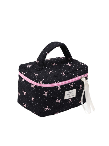 Cosbai - Quilted Cosmetic Bag with Bow Pattern and Handle