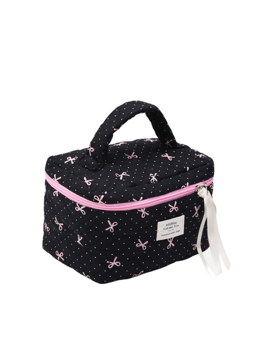 Cosbai - Quilted Cosmetic Bag with Bow Pattern and Handle