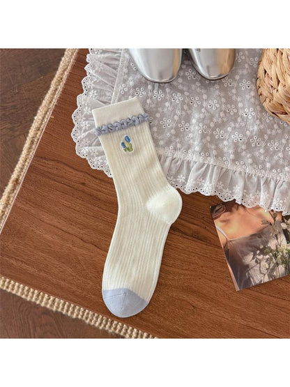 Rufia - Sweet Blue Print Ruffle Crew Socks