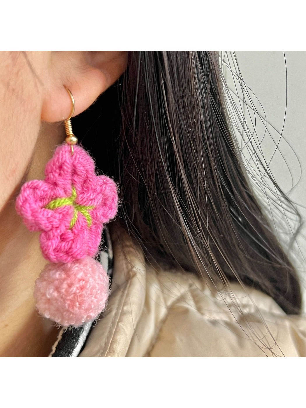 Earwish - Pink Crochet Flower Shaped Earrings
