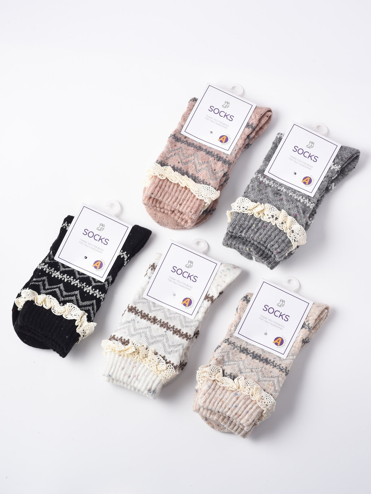 Rufia - Lace Trim Cozy Pattern Crew Socks