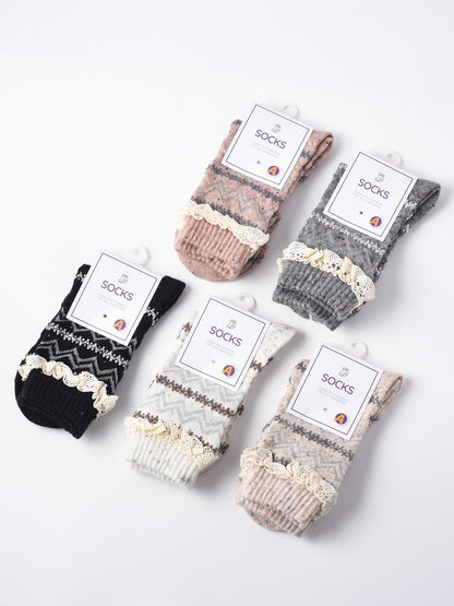 Rufia - Lace Trim Cozy Pattern Crew Socks
