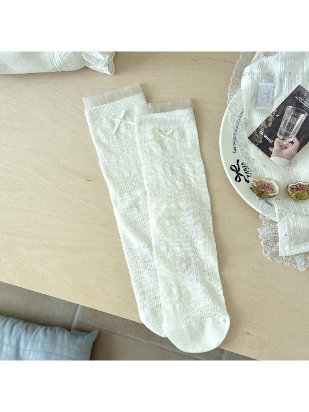 Rufia - Muted Bow Solid Color Crew Socks