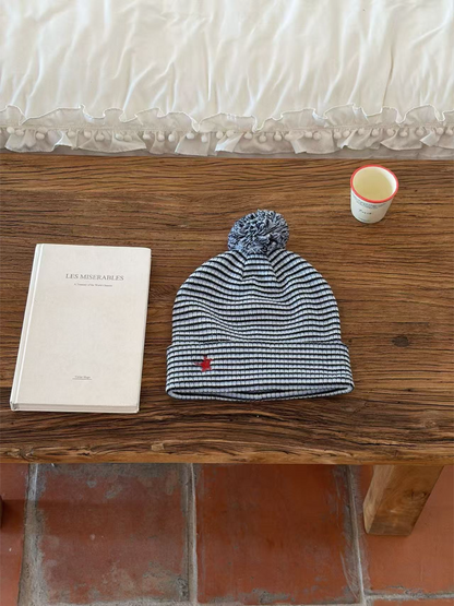 Haila - Striped Ribbed Pom Pom Beanie
