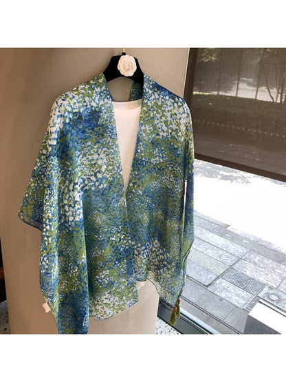 Scarvii - Blue Green Printed Plain Weave Shawl