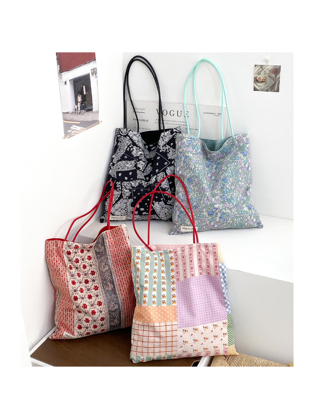Cosbai patchwork floral tote bag with colorful fabric panels and sturdy handles