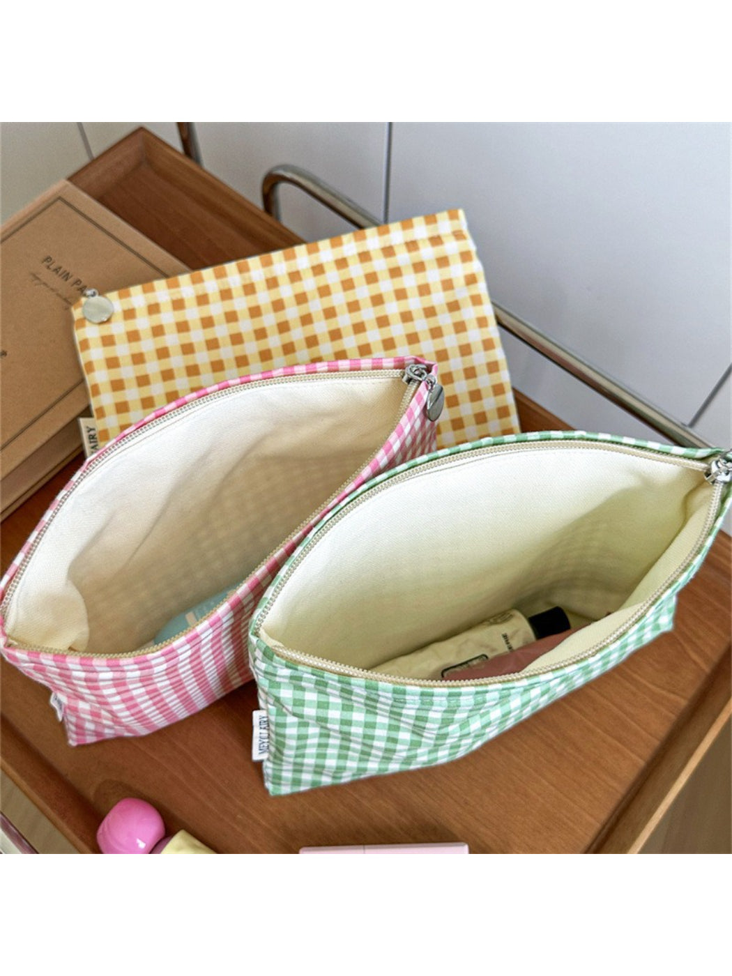 Cosbai Candy Check Makeup Bag standing upright with visible zipper