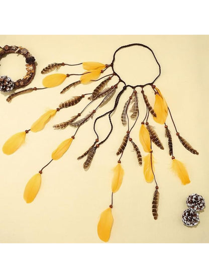 Festival flowing feather hair headpiece with layered feathers in natural tones