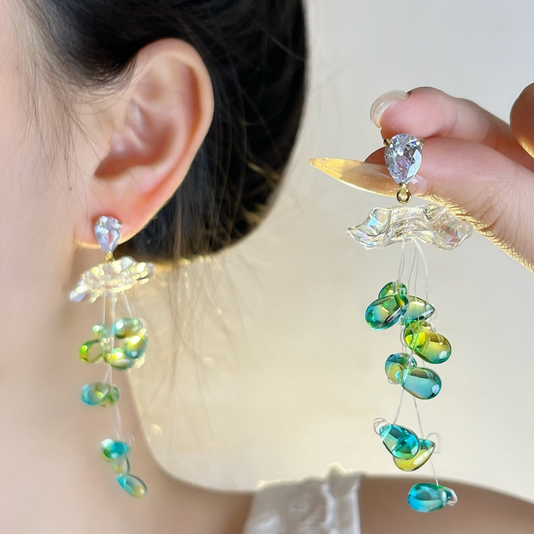 Earwish - Dreamy White Floral & Green Beads Fringe Earrings