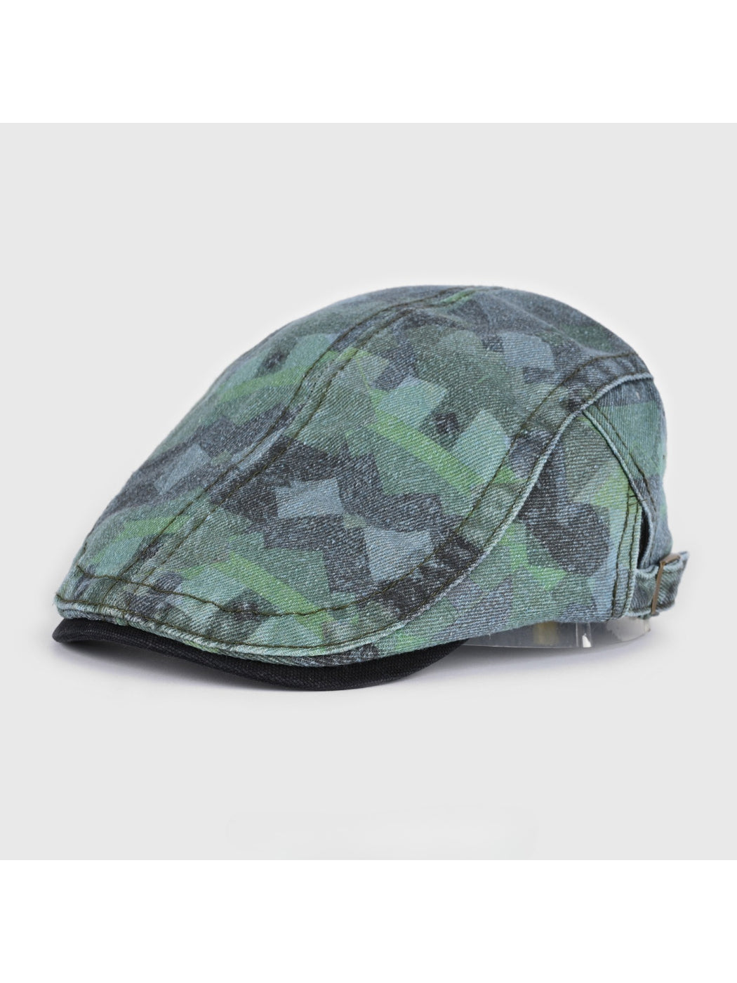 Back view of Haila washed denim plaid vintage newsboy cap highlighting plaid design