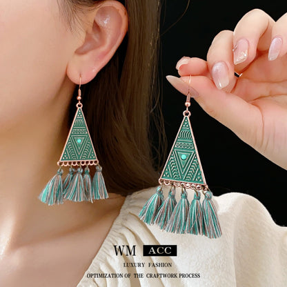 Earwish - Boho Vintage Green Triangle Earrings With Fringe