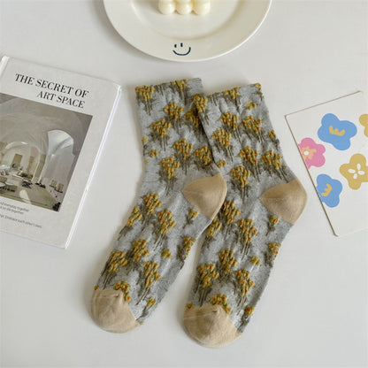 Rufia - Embossed Floral Colorblock Mid-Calf Socks