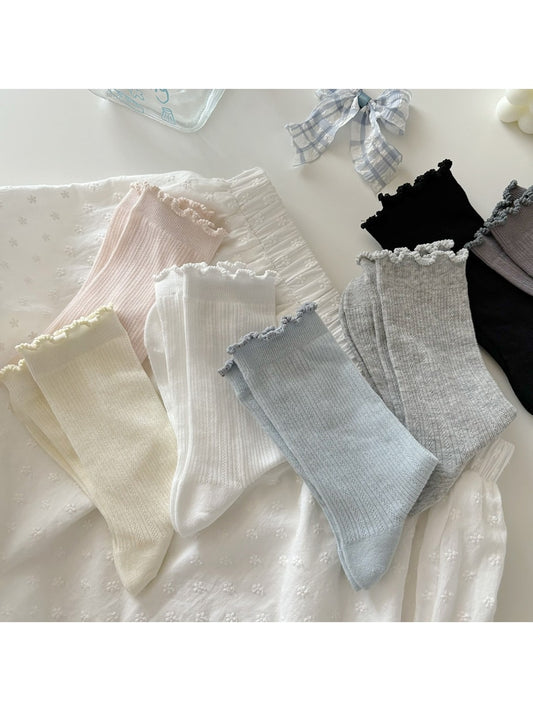 Rufia - Minimalist Solid Color Ruffles Trim Crew Socks